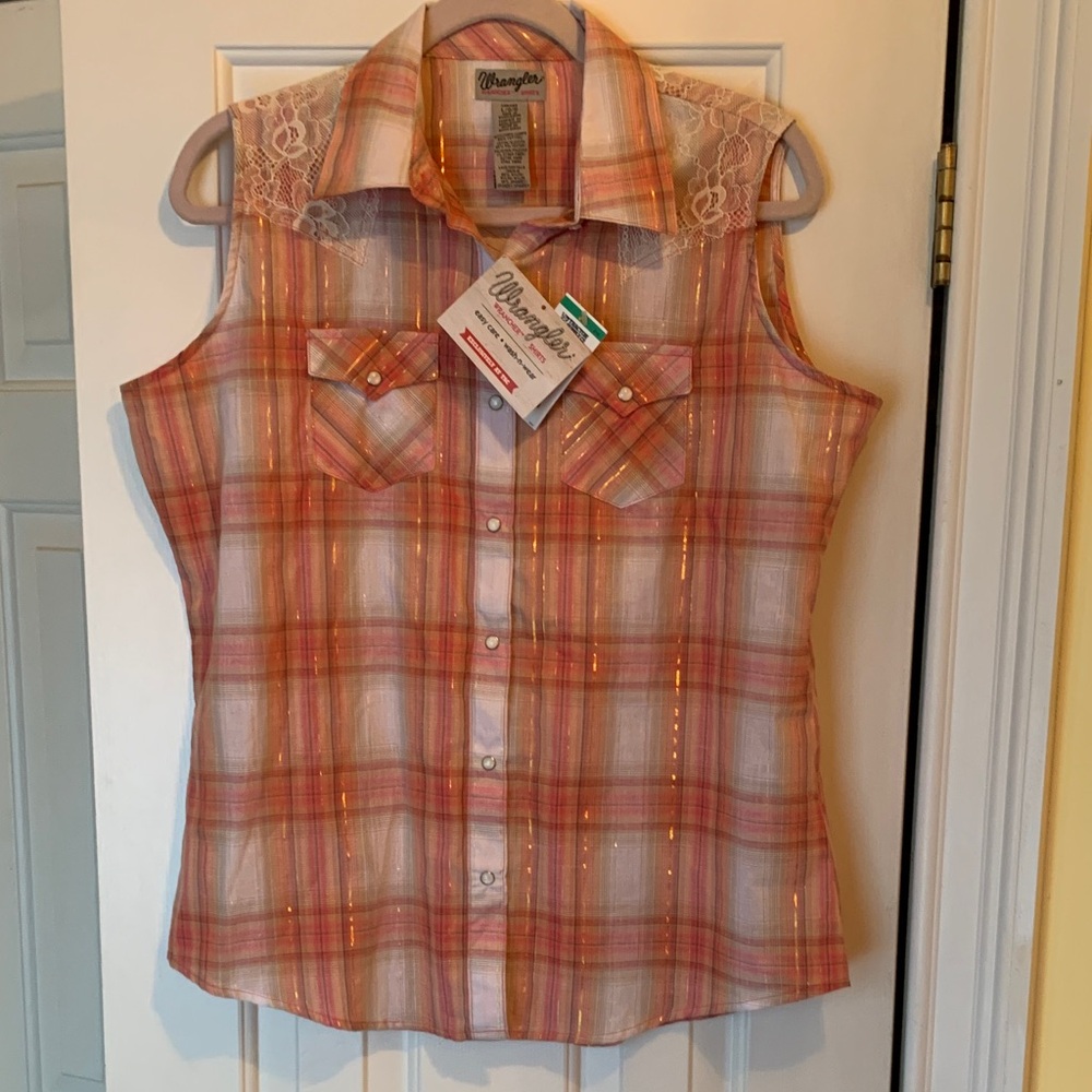 NWT Wrangler Women's Orange Plaid Sleeveless Shirt lace size Large Y2K vintage